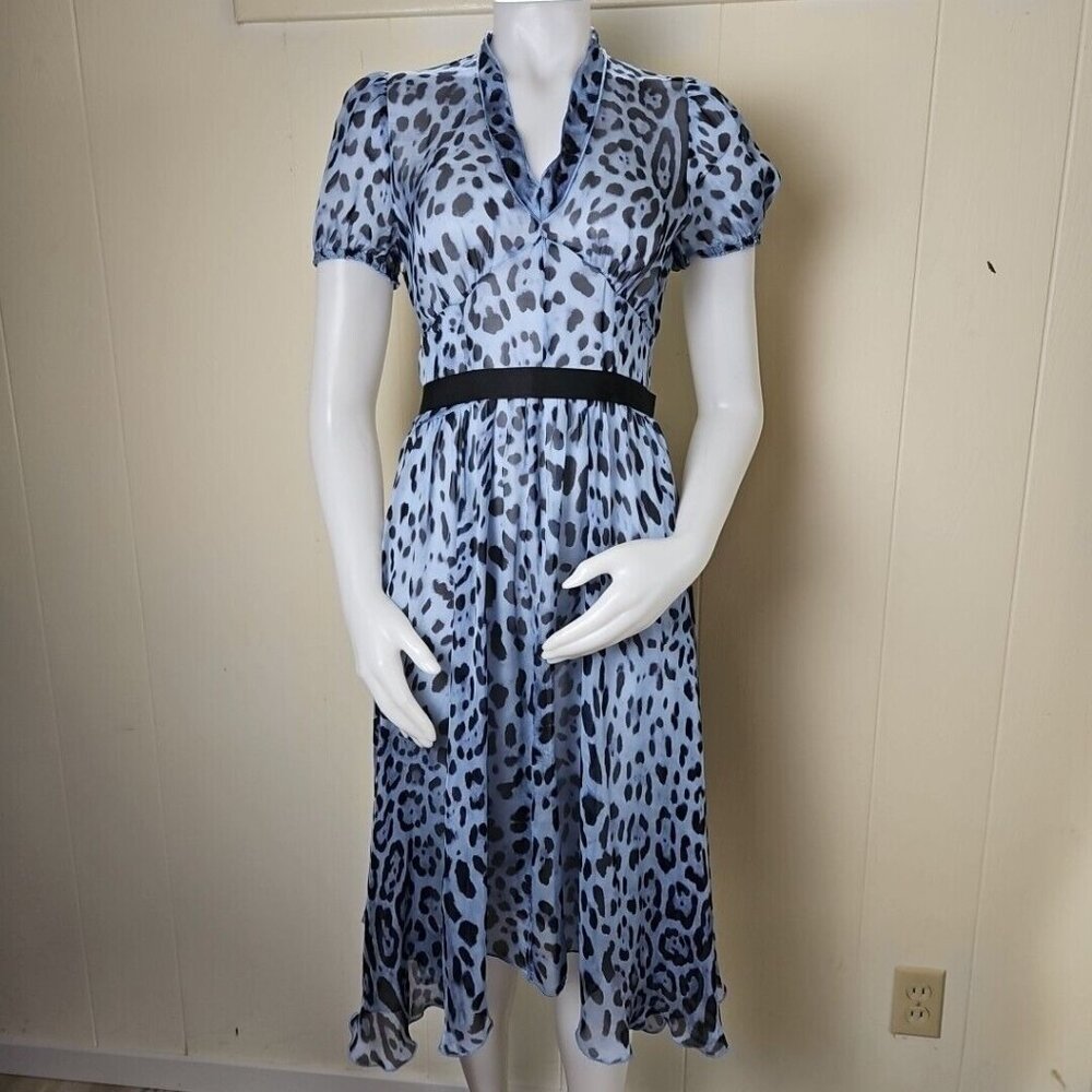 Dolce & Gabbana Silk Chiffon Midi Dress Womens 36 Blue Leopard Short Puff Sleeve